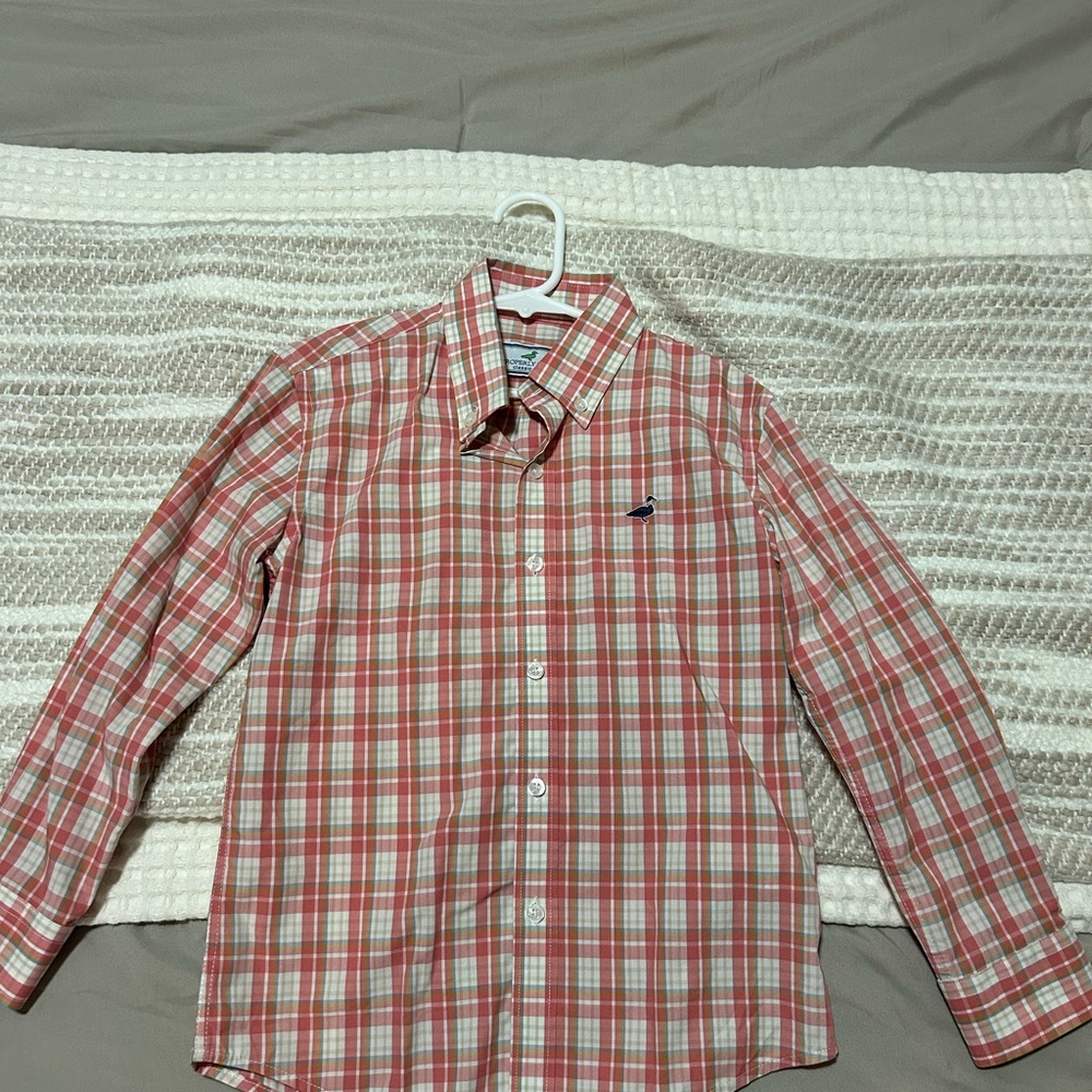 Boys Coral Plaid Button-Down Shirt with Subtle Logo